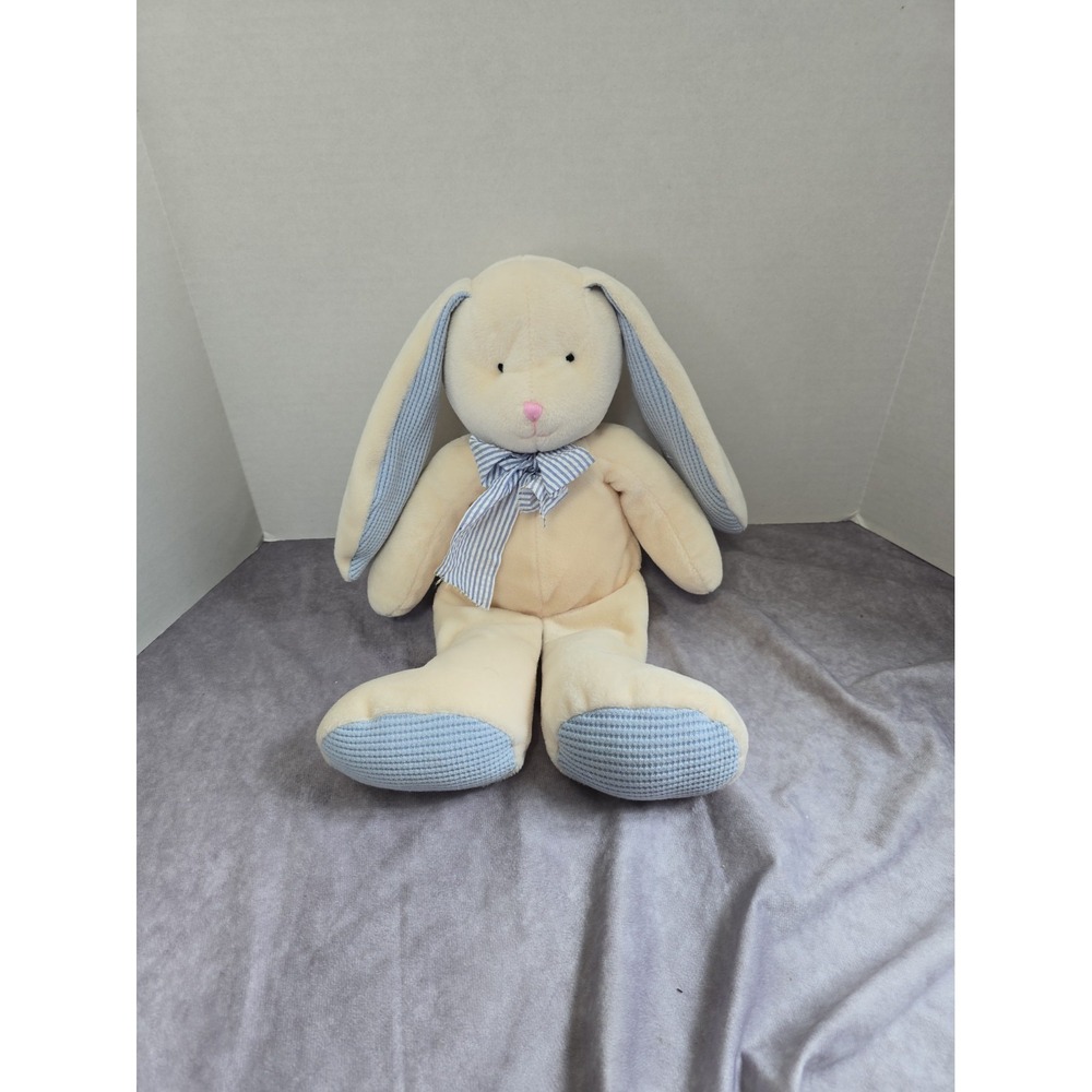 Vtg Russ Floppity Bunny Plush Rattle Cream Blue Waffle Weave Ears Feet Bow 15"